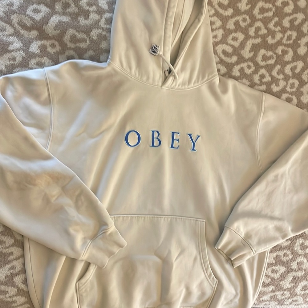 Cream Obey Hoodie with blue logo